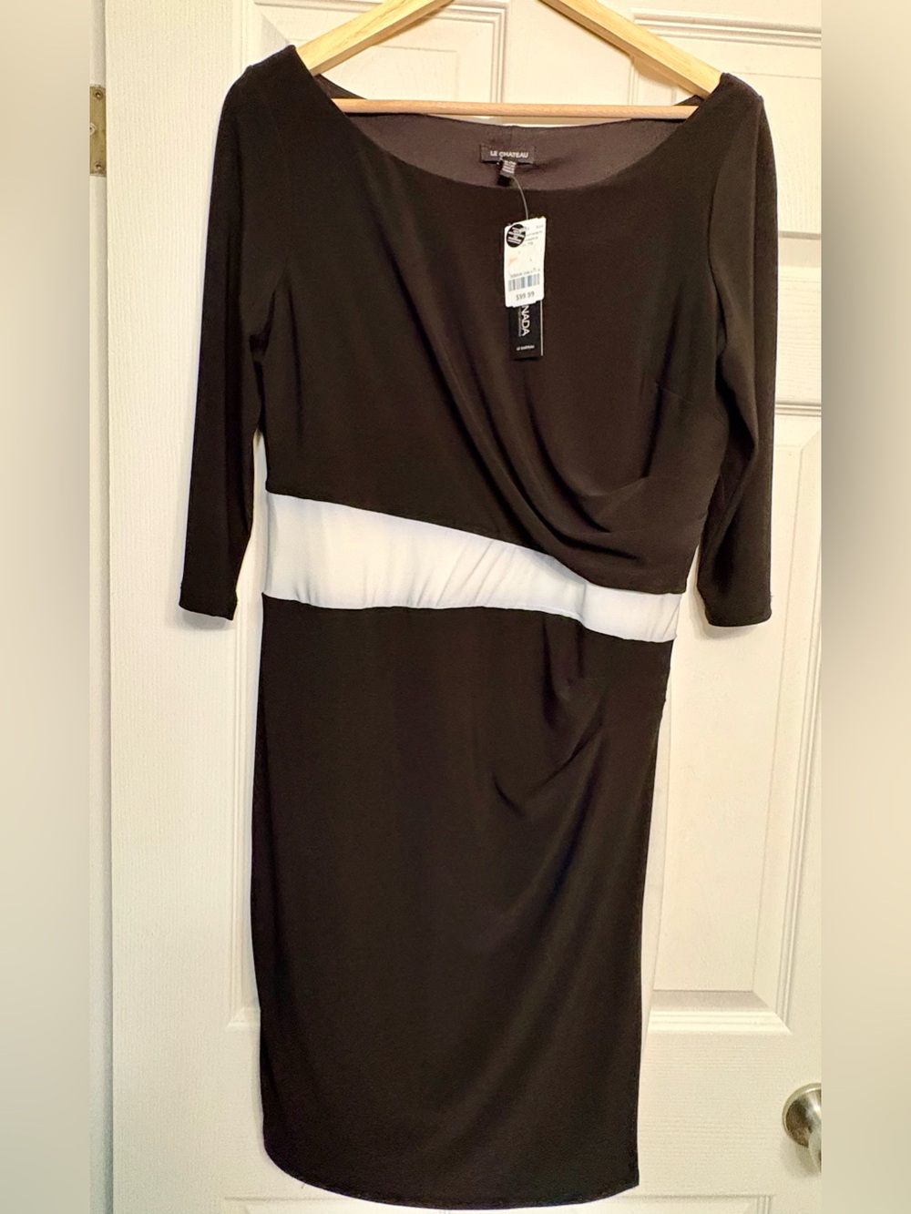 Le Chateau Black & White Draped Waist Sheath Dress